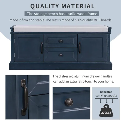 Vista 6 de Merax Banco de zapatos de madera de granja con almacenamiento y cojín de asiento para entrada, pasillo, puerta delantera, azul marino antiguo
