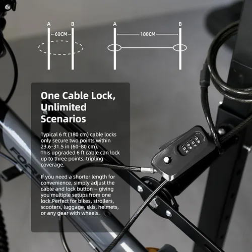 Vista 7 de Candado de cable pitón de 6 pies para bicicleta, bicicleta, scooter, bloqueo de cámara de sendero, candado de combinación de 4 dígitos, antirrobo
