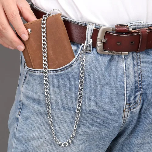 Vista 7 de Cartera de piel auténtica con tres pliegues para hombre con cadena cartera de motociclista con cadena larga y resistente Marrón largo