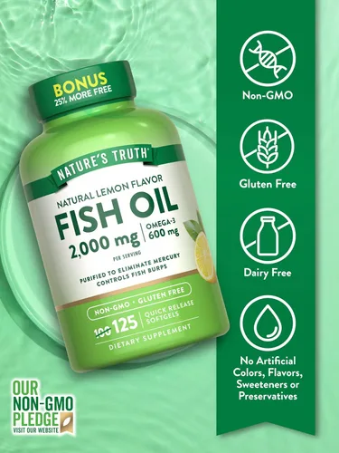 Vista 3 de Nature's Truth Aceite de pescado Omega 3 de 2000 mg 125 cápsulas blandas líquidas Píldoras de sabor a limón sin erupciones Suplemento sin OMG