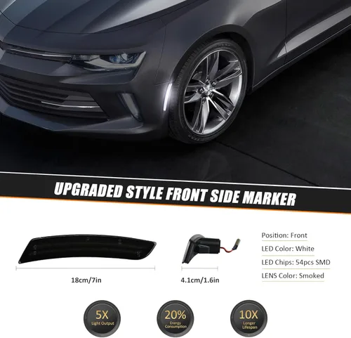 Vista 2 de D-Lumina Luces de marcador laterales delanteras/traseras, lente ahumada, compatible con Chevy Camaro 2016 2017 2018 2019 2020 2021 2022 2023, 6ª