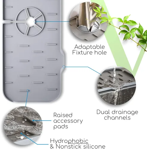 Vista 5 de Ternal Tapete de silicona para bandeja de goteo con mango de grifo, alfombrilla de silicona para grifo de platos, soporte de esponja de jabón