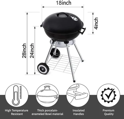 Vista 2 de Parrilla de carbón portátil de 18 pulgadas – Parrilla BBQ redonda de alta resistencia con tazón de parrilla engrosado, resistente con 4 patas