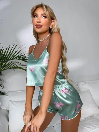 Vista 3 de SOLY HUX Conjunto de pijama de satén floral de 2 piezas para mujer con botones en la parte delantera y ropa de dormir corta