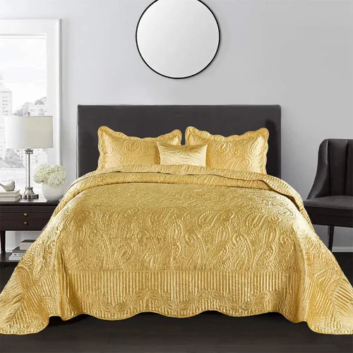 Vista 9 de Home Soft Things Juego de colcha acolchada de satén de 4 piezas, funda de cama con diseño de cachemira, juego de ropa de cama suave y ligero