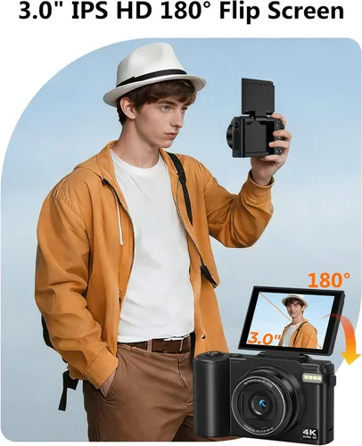 Vista 4 de Cámara digital 4K para fotografía, cámara de vlogging de 64 MP para YouTube con pantalla abatible de 180°, cámara de video de enfoque automático UHD
