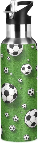 Soccer Balls Green Insulated Stainless Steel Water Bottle with Straw 20 Oz Leakproof Water Bottles, BPA-Free Sport Water Bottle