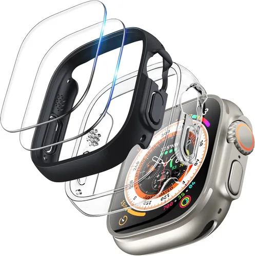 TOCOL Paquete de 2 fundas para Apple Watch Ultra 2/1 de 1.929 in + 2 protectores de pantalla de vidrio templado para iWatch, [10 unidades a prueba