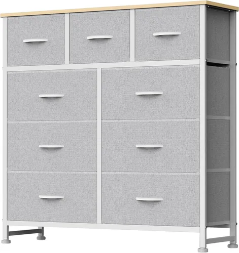 Vista 24 de DUMOS Cómoda de 8 cajones para dormitorio, organizador de almacenamiento de tela con marco de metal resistente, cómoda superior de madera para Negro