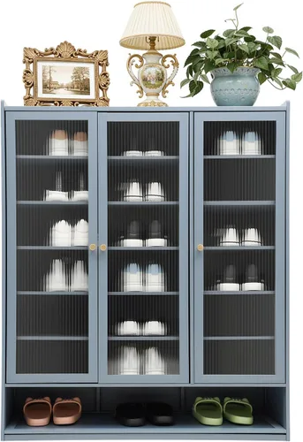 8 Tiers Bamboo Shoe Cabinet Shoe Storage Cabinet with Doors and Removable Tiers, Freestanding Shoe Rack Organizer for Hallway Living Room Balcony,