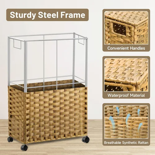 Vista 7 de Cesta de lavandería delgada de 70L con tapa y ruedas, cesta de lavandería rodante con 2 bolsas de forro extraíbles y 3 bolsas de malla, cesta