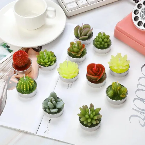 Vista 3 de 12 velas de cactus hechas a mano, delicadas velas de té suculentas, perfectas para fiestas de cumpleaños, bodas, spa, decoración del hogar, regalos