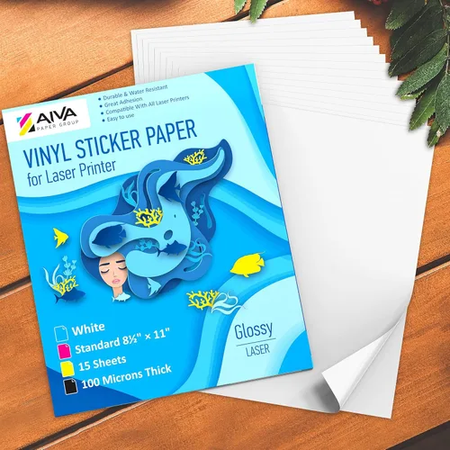 Vista 2 de Papel adhesivo de vinilo para imprimir para impresora láser - Blanco brillante - 15 hojas autoadhesivas - Papel impermeable para adhesivos