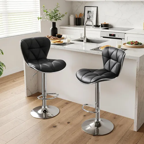 Vista 2 de Yaheetech Juego de 2 taburetes de bar, taburetes de bar ajustables de piel sintética con respaldo de concha, sillas de bar con reposapiés para Negro