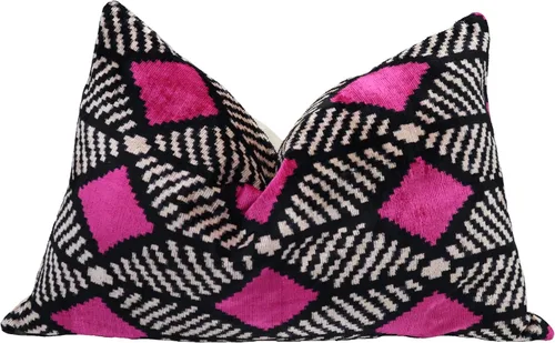 Almohada decorativa hecha a mano con relleno de plumón, patrón geométrico, negro magenta rosa, funda de cojín lumbar de seda de terciopelo suave