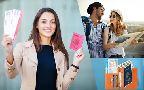 Vista 6 de Funda para pasaporte, cartera, artículos esenciales de viaje, con bloqueo RFID, funda de piel para tarjetas, accesorios de viaje imprescindibles