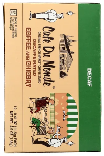 Vista 4 de Cafe Du Monde Tazas individuales de café descafeinado y achicoria, caja de 12, 0.41 onzas cada una