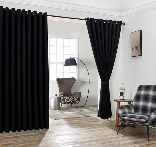 Vista 2 de LinenZone Paneles de cortina negros extra anchos con 2 alzapaños a juego. Úsalo como cortinas de pared, separadores de habitación de cortina