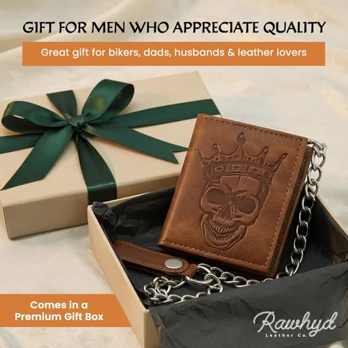 Vista 7 de RAW HYD Cartera de cuero triple Cartera vintage de calavera para hombre Bolso resistente con cadena de acero Carteras duraderas para hombre