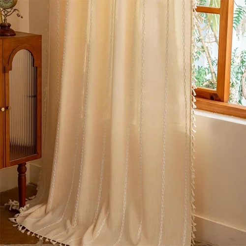 Vista 64 de Sutuo Home Cortinas de puerta francesa para puerta de patio, cortinas de lino semiopacas bohemias con borlas, tiras de granja a cuadros, decoración