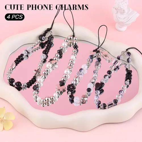 Vista 2 de 4 piezas de lindos encantos para teléfono con estilo Y2K, correa de muñeca para celular con cuentas brillantes, oso, cruz, corazón, accesorios