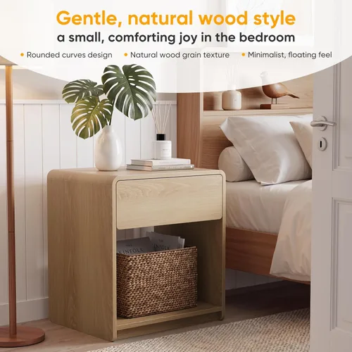 Vista 7 de Wood Night Stand Set of 2, Modern Bedside Table with Curved Profile Design, Large End Table with Drawer and Open Storage for Bedroom, Oak