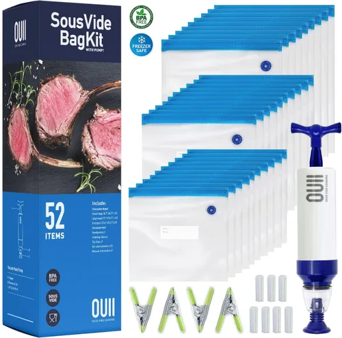 Vista 9 de Sous Vide - Bolsas para cocina de Joule y Anova, kit de 20 piezas con bolsas selladoras al vacío, bomba de mano, clips, 3 tamaños de bolsa