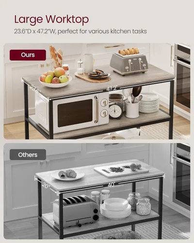 Vista 81 de VASAGLE Isla de cocina con 3 estantes, estante de cocina de 47.2 pulgadas con encimera grande, estructura de acero estable, industrial, fácil