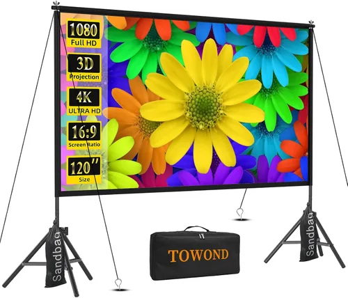 TOWOND Pantalla de Proyector con Soporte, 120 pulgadas Pantalla de Proyector Interior Exterior Portátil 16:9 4K HD Pantalla de Proyección Trasera