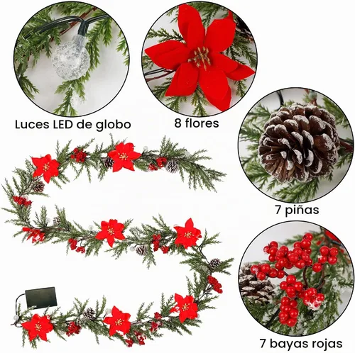 Vista 4 de DR.DUDU Guirnalda de Navidad artificial preiluminada de 9 pies con 30 luces LED, alimentada por baterías con conos de pino, bayas rojas, agujas