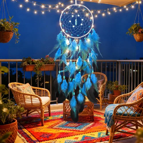 Vista 2 de Dremisland Atrapasueños hecho a mano con plumas azules para colgar en la pared, elegante arte de pared, decoración de habitación para ventanas