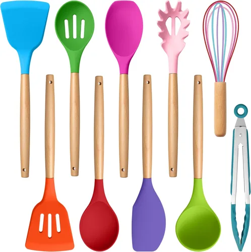 Vista 21 de E-far - Juego de utensilios de cocina de silicona, 5 piezas, juego de utensilios de cocina negros con mango de madera para cocinar, espátulas