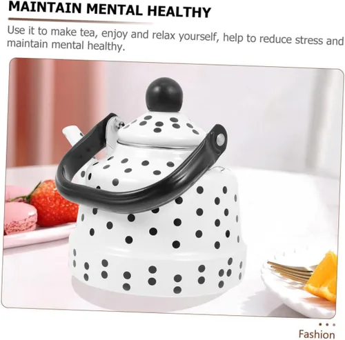 Vista 9 de Alipis Hervidor de té esmaltado blanco con puntos negros, tetera decorativa para estufa, tetera con mango antiquemaduras, boquilla suave