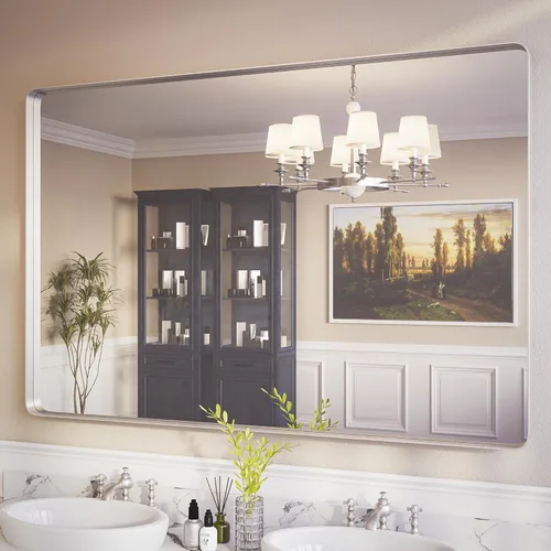 Vista 41 de ISKM Espejo de baño con marco de metal negro para pared de 40 x 32 pulgadas, espejo rectangular redondeado, antioxidante (horizontal/vertical)