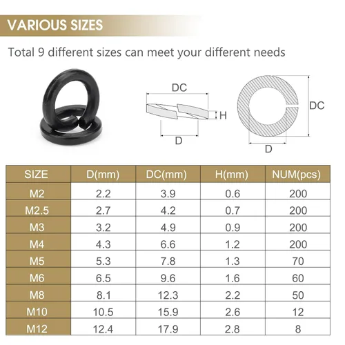 Vista 3 de 1000 arandelas de bloqueo de acero aleado de grado 8.8, 9 tamaños de arandelas de resorte y bloqueo dividido, kit surtido (M2-M12)