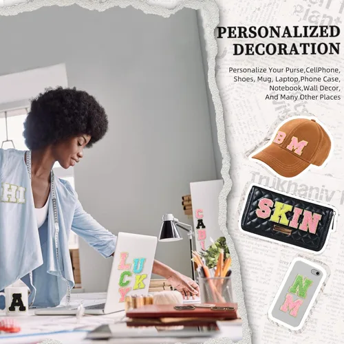 Vista 6 de 156 parches de letras de chenilla autoadhesivas, 6 parches de trébol pedregoso de la A a la Z, parches de letras de felpilla para bricolaje, bolsas