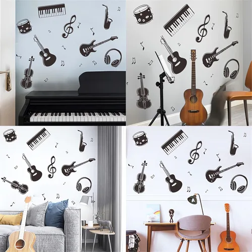 Vista 4 de Calcomanías de pared de instrumentos musicales en blanco y negro, calcomanías de pared, sacinora Guitarra Violín, Violín, Saxofón, Nota Musical