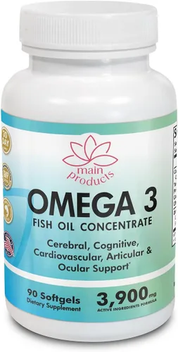 Suplemento concentrado de aceite de pescado Omega 3 para mujeres y hombres - 3900 mg ingredientes activos Omega 3, ácidos grasos EPA y DHA - 90