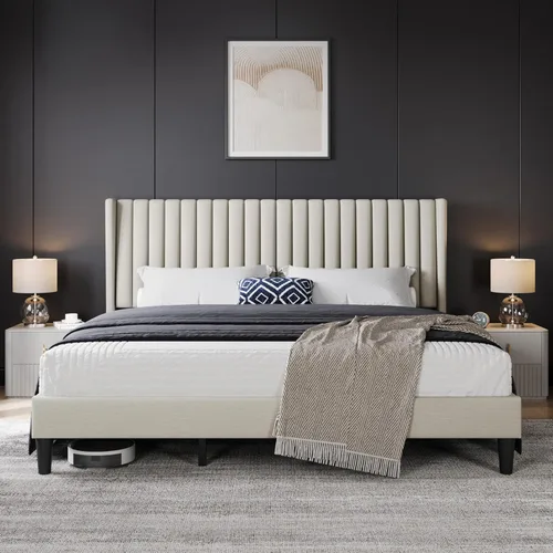 Vista 11 de Yaheetech - Base de cama tamaño queen con plataforma tapizada y cabecera de tela, diseño de borde ala, antideslizante y silenciosa, soporte de Negro