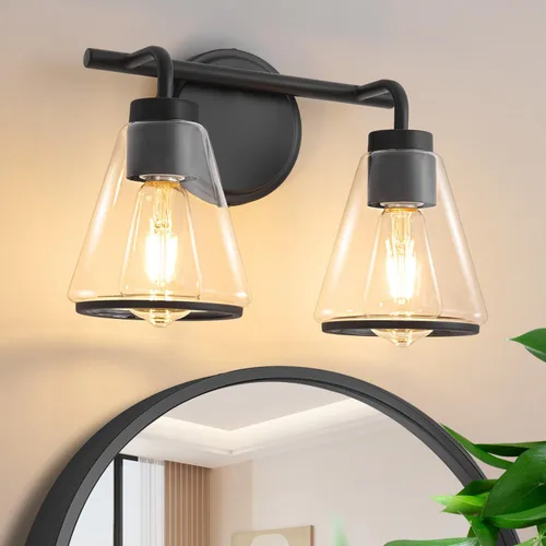 Vista 10 de Accesorios de iluminación de baño sobre espejo Luces de tocador doradas de 2 luces con pantalla de vidrio transparente de 14 pulgadas Luces