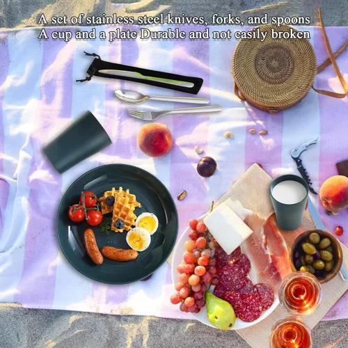 Vista 4 de Evanda Juego de cubiertos de camping, taza ligera reutilizable, plato y cubiertos de acero inoxidable con bolsa negra, apto para lavavajillas
