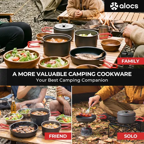 Vista 5 de Alocs Camping Cookware Set Camping Gear, Compact Camping Pots and Pans Set, Durable Hard Alumina Camping Cooking Set for Outdoor Backpacking Camping