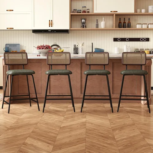 Vista 3 de Juego de 2 taburetes de bar de ratán de 26 pulgadas, modernos taburetes de mostrador con respaldo de caña, sillas de bar de cuero para comedor