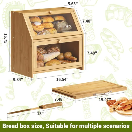 Vista 7 de BMOSU Panera con tabla de cortar, organizador de almacenamiento de pan de cocina, encimera de granja, caja de pan doble de madera de bambú (natural)