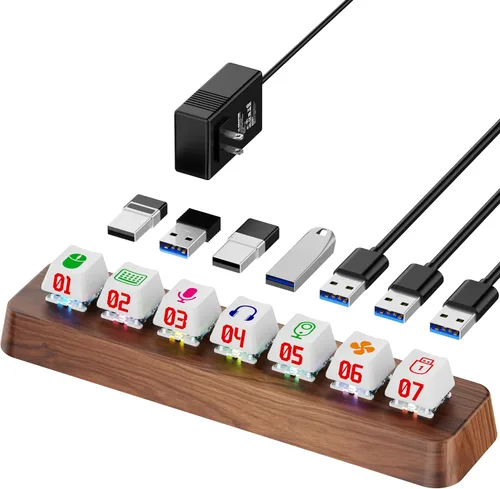 Vista 8 de Walnut Wood Hub USB 3.0 alimentado por 7 puertos, transferencia de datos de 5 Gbps, expansor de interruptor de teclado mecánico de 3 pines