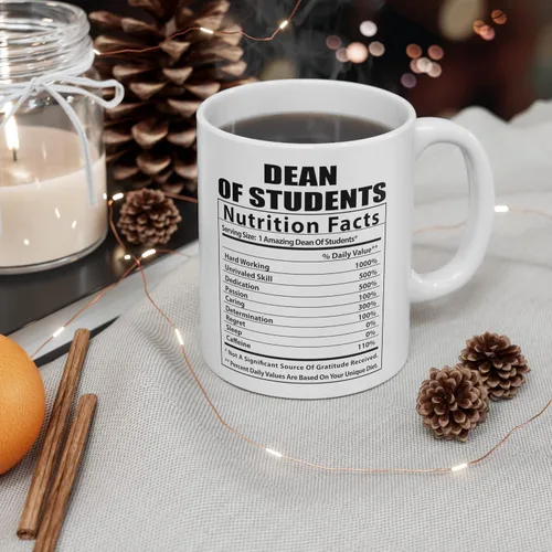 Vista 5 de Taza de café divertida de decano de estudiantes con datos nutricionales, regalos de cumpleaños, taza de nutrición de Navidad 2026, color blanco