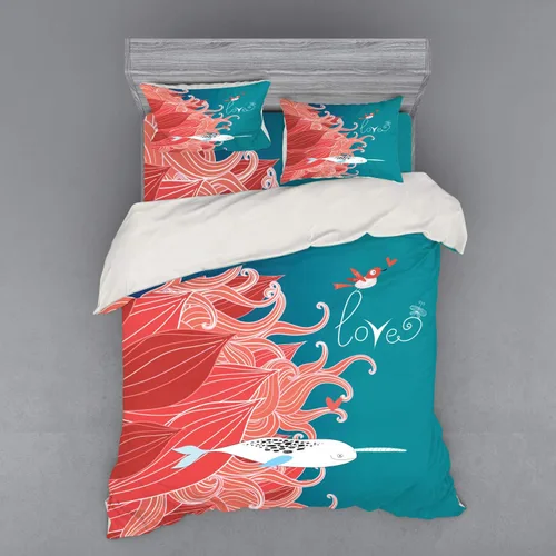 Ambesonne Narwhal Duvet Cover Set, Love Themed Sketch Illustration with Arctic Whale Bird and Floral Arrangement, 4 Piece Bedding Set with Shams and