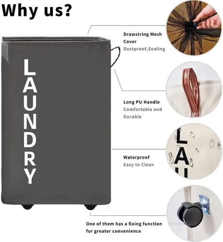 Vista 5 de Cesta de lavandería extra grande de 92L con asa de cuero, cesta de lavandería que se mantiene en pie con ruedas, cesta de lavandería con ruedas