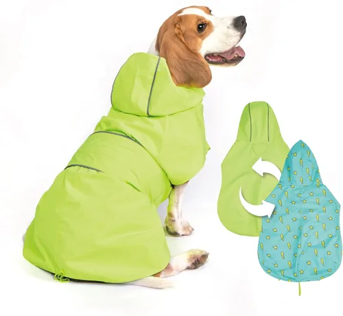Vista 9 de Kimee - Impermeable reversible para perro, poncho protector de lluvia con capucha, chamarra impermeable ajustable con agujero para correa/tira