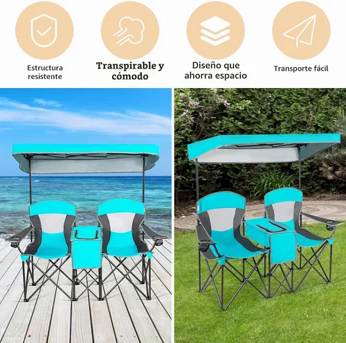 Vista 7 de DORTALA Silla de camping doble con toldo, silla de playa plegable para 2 personas con toldo para dosel, soporte para bebidas y bolsa de Azul